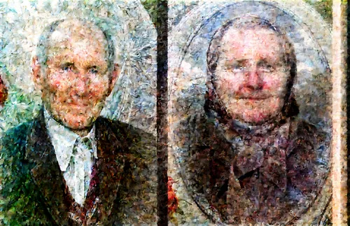 two portraits of an elderly man in suit and tie,elderly couple,glass painting,edmeston,brambell,glenroe,christmas frame