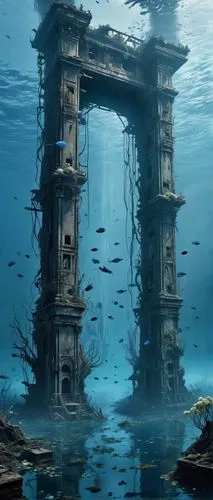 Underwater with a ruins of an ancient city, alien technology, storm, blue flower petals, fog, strange cratures roaming the land, turbid water, plenty of fish,sunken church,herakleion,atlantis,atlantik