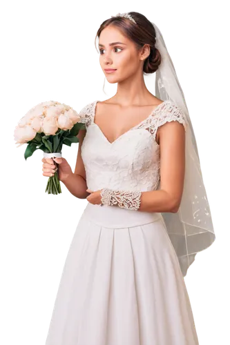 Formal lady, solo, (25yo), elegant hair bun, pearl necklace, white wedding dress, lace veil, holding bouquet, standing, soft focus, warm lighting, shallow depth of field, cinematic composition, 3/4 vi