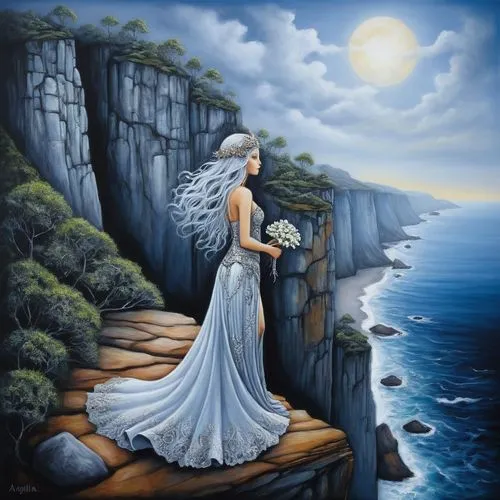 this beautiful lady is by a cliff overlooking the ocean,fantasy picture,fantasy art,melian,amphitrite,ariadne,sirene,Illustration,Abstract Fantasy,Abstract Fantasy 14