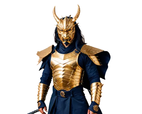 Samurai, Japanese dragon, majestic, powerful, golden armor, horned helmet, fierce facial expression, sharp teeth, claws, scales shimmering in sunlight, fiery breath, muscular build, standing proudly, 