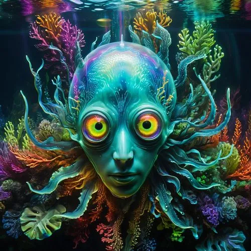 coral reef,under sea,sea god,sea creature,fantastic sea creature,underwater humanoid,Illustration,Abstract Fantasy,Abstract Fantasy 21