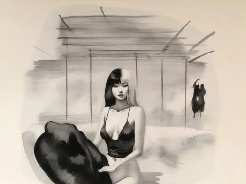 Passion Sexy Painting ,Naked Woman  Abstract Body Art Oil Painting,a black and white drawing of a female with her body stretched out,tura satana,art deco woman,emshwiller,fornasetti,woman hanging clot