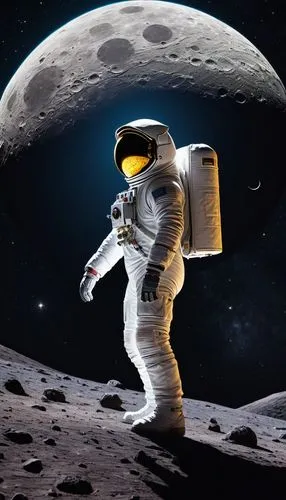 Celestial moon, glowing softly in the dark night sky, craters and mountains detailed, lunar eclipse, spaceship hovering nearby, astronaut in white spacesuit, helmet with gold visor, backpack with oxyg