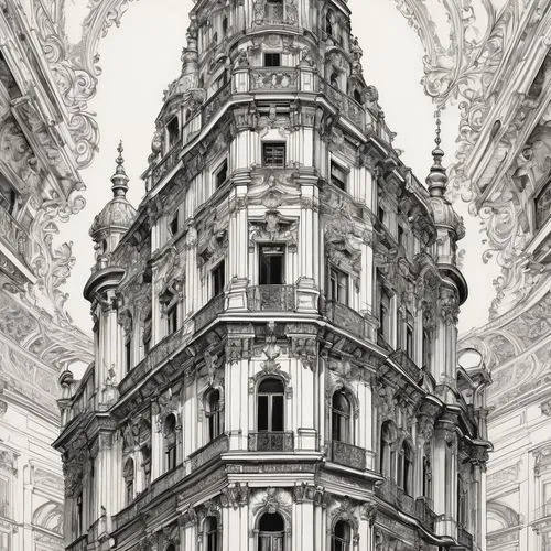 Modern skyscraper, detailed architectural drawing, precise dimensions, 1,piranesi,marble palace,borromini,driehaus,spire,giralda,edifice,corinthian,neogothic,intricacy,baroque building,white temple,ti