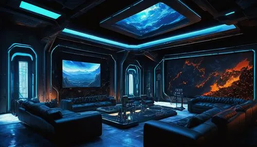 ufo interior,sci fi surgery room,sky space concept,home cinema,futuristic landscape,fractal environment,ornate room,blue room,livingroom,3d fantasy,sky apartment,living room,fireplaces,cabin,fireplace,interior design,great room,sci fi,sitting room,fire place,Illustration,Paper based,Paper Based 15