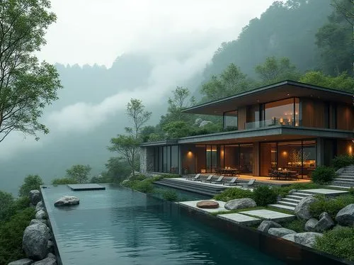 house in the mountains,house in mountains,pool house,beautiful home,dreamhouse,house by the water,infinity swimming pool,secluded,house with lake,forest house,seclusion,luxury property,tranquility,amanresorts,foggy landscape,the cabin in the mountains,seclude,asian architecture,shaoming,luxury home,Photography,General,Realistic