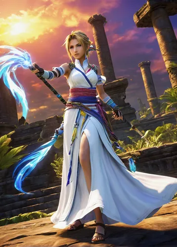 Final Fantasy X, Yuna, summoner, long braid, blue eyes, white mage dress, staff, standing, serene expression, Spira, ancient ruins, tropical, Lulu, black mage, moogles, Wakka, blitzball player, Tidus,