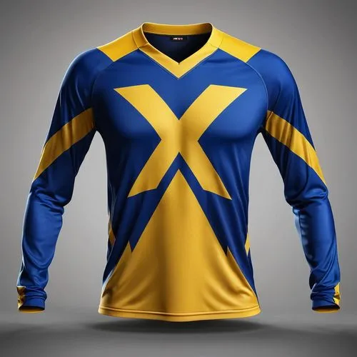 Design a Mockup jersey (long sleeve). The jersey has x men graphics on the front, blue colors, front position, object floating on a black background,sports jersey,bicycle jersey,long-sleeve,sports uni