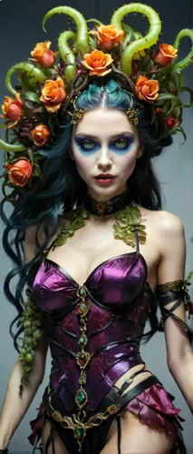 medusa gorgon,medusa,the enchantress,elven flower,fantasy woman,passionflower,dryad,gorgon,faery,faerie,fantasy art,fae,tiger lily,passion flower,bodypainting,evil fairy,body painting,widow flower,passion flower vine,violet head elf