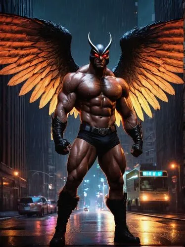 Muscular man, mothman, NSFW, anthropomorphic, wings spread wide, furry body, glowing eyes, sharp teeth, ripped abs, powerful chest, strong legs, standing, heroic pose, urban cityscape, skyscraper, dar