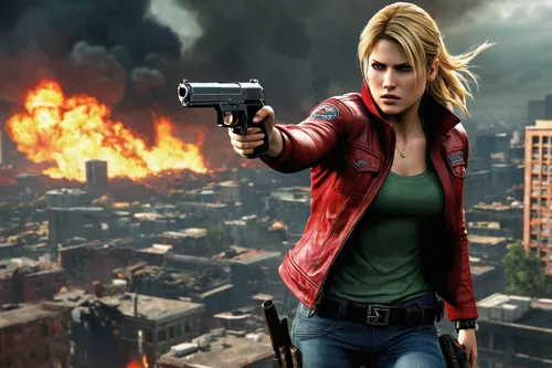 blonde hair, green eyes, determined expression, Claire Redfield, Ali Larter, action pose, holding handgun, red jacket, black tank top, denim jeans, combat boots, Raccoon City, zombie apocalypse, destr