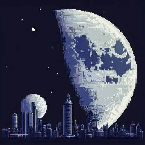 pixel art,earth rise,lunar,metropolis,pixel cells,spacescraft,pixels,pixelgrafic,pixel,8bit,cityscape,big moon,space port,skycraper,lunar landscape,the moon,moon,retro background,moon at night,small planet,Unique,Pixel,Pixel 01