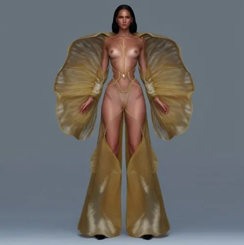 a woman in a yellow gown with gold mesh,derivable,dawnstar,female body,gradient mesh,angel figure,dress form,Photography,General,Realistic