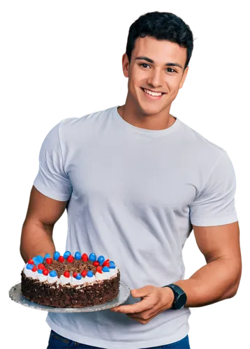 Muscular man, happy birthday, solo, (25yo), short black hair, facial stubble, white shirt, blue jeans, holding cake with candles, smiling face, relaxed posture, casual atmosphere, warm color tone, sof