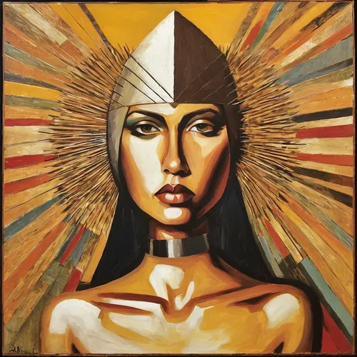 seven sorrows,head woman,mary-gold,golden crown,christ star,art deco woman,solar plexus chakra,headdress,the hat of the woman,warrior woman,golden mask,indigenous painting,sun god,shamanic,kokoshnik,priestess,gold mask,sacred art,star mother,sol,Art,Artistic Painting,Artistic Painting 35