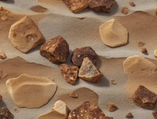 peanut brittle,carmelitas,background with stones,pralines,sand texture,coprolites,Photography,General,Realistic