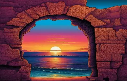 sunset at africa,the wall is made out of bricks and has a sunset painted on it,windows wallpaper,window with sea view,sicily window,wall,greek island door,door to hell,Illustration,Realistic Fantasy,R