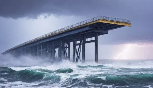 storm surge,scripps pier,sea storm,coastal protection,lifeguard tower,wooden pier,fishing pier,burned pier,old pier,st ives pier,the pier,nature's wrath,san storm,stormy sea,pier,north sea,tidal wave,east pier,princes pier,tsunami,Conceptual Art,Fantasy,Fantasy 10