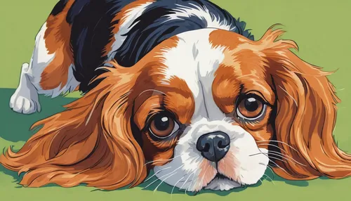 Write a delightful children's book about a mischievous Cavalier King Charles Spaniel's adventures.,cavalier king charles spaniel,king charles spaniel,welsh springer spaniel,japanese chin,dog illustrat