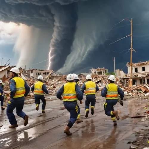 Majestic tornado, massive swirling vortex, dark grey clouds, lightning flashing, intense wind blowing, debris flying, destroyed buildings in background, rubble scattered, rescue team in yellow vest, h