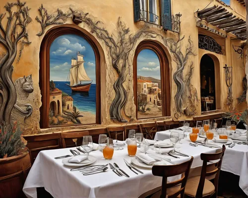 sicilian cuisine,mediterranean cuisine,mediterranean food,fine dining restaurant,italian painter,new york restaurant,murals,bistrot,a restaurant,wall painting,italian food,frescoes,mural,italian cuisine,bistro,lipari,beach restaurant,restaurants,alpine restaurant,venice italy gritti palace,Illustration,Realistic Fantasy,Realistic Fantasy 40