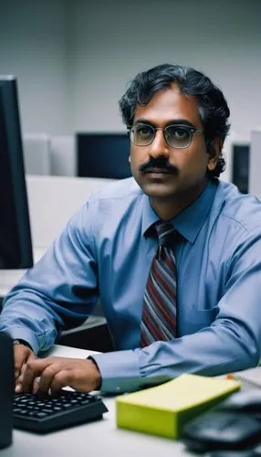 Middle-aged man, Jay Ramachandran, 2002 style hair, glasses, formal wear, suit and tie, sitting in a modern office, desk with multiple monitors, keyboard, and papers, designing security architecture s