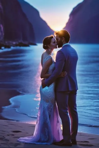 a newly married couple standing at the edge of a body of water,romantic scene,honeymoon,wedding photo,loving couple sunrise,elopement,pre-wedding photo shoot,Photography,General,Realistic