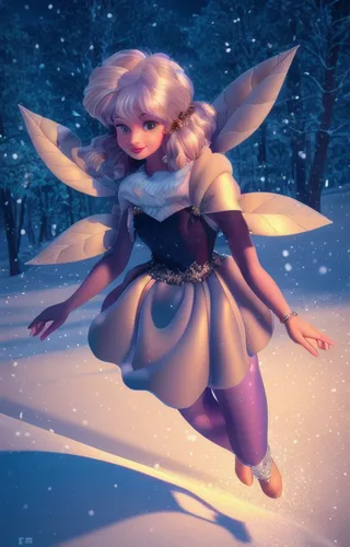 a snowy night, add some sparkle animation, multiple color combination of trees, brownish hair,the snow queen,snow angel,child fairy,rosa ' the fairy,rosa 'the fairy,little girl fairy,christmas angel,f