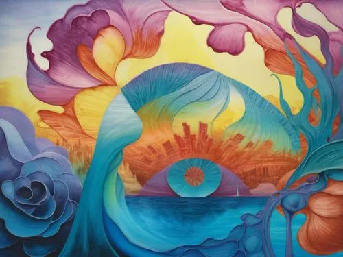 a painting of a large building and blue water,mother earth,vibrantly,vibrancy,cosmic flower,symbioses,colorful tree of life,Illustration,Realistic Fantasy,Realistic Fantasy 25