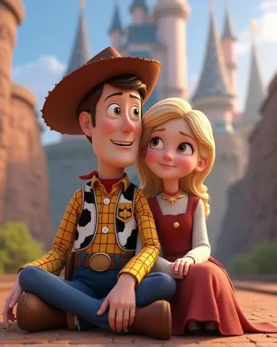 Woody and Bo Peep sitting lovingly, leaning on each other, disney castle background, original disney characters, pixar 3D characters, realistic animation, cinematic video,a cartoon po of a couple in c