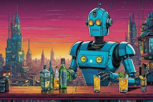 Set in a futuristic cityscape, a robot bartender skillfully prepares a perfectly balanced gin and tonic for a weary traveler.,robot,robots,robotic,metropolis,robotics,robot icon,bot,cyberpunk,automati