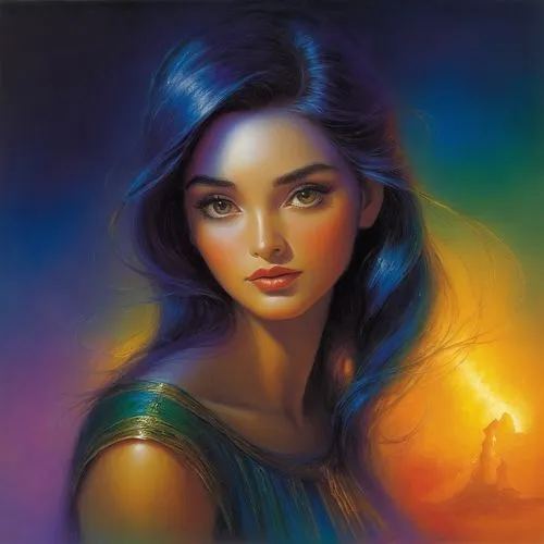 a woman with a colorful dress and a bright sunset,fantasy portrait,mystical portrait of a girl,romantic portrait,fantasy art,margairaz,world digital painting,Illustration,Realistic Fantasy,Realistic F