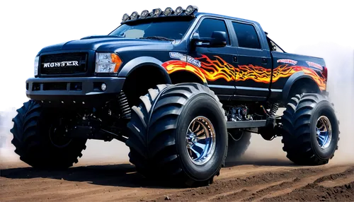 Monster truck, giant wheels, rugged tires, metallic body, vibrant colors, aggressive stance, headlights glowing, fog lights, racing stripes, chunky suspension, massive engine, exhaust pipes, roaring s