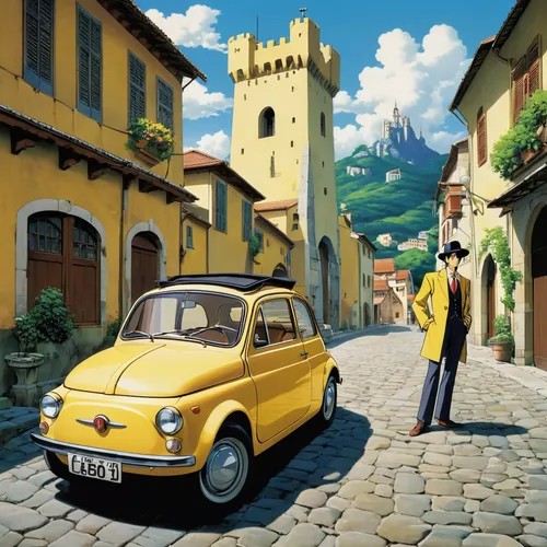 cinquecento,fiat cinquecento,fiat 600,fiat500,fiat 500,fiat 501,fiat 518,fiat 500 giardiniera,yellow car,fiat 850,autobianchi bianchina,piaggio ciao,nissan figaro,italian painter,italia,figaro,isetta,piaggio,lupin,subaru 360,Photography,General,Realistic