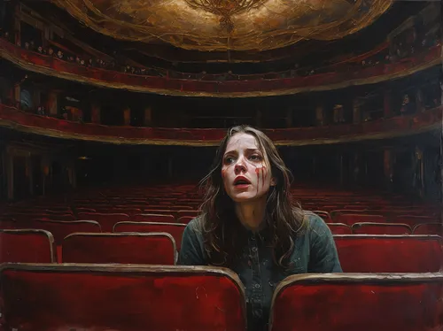 empty theater,theatrical,mystical portrait of a girl,theater,theatre,the girl's face,self-portrait,oil painting,scared woman,audience,oil on canvas,woman playing,oil painting on canvas,portrait of a girl,self portrait,emptiness,depressed woman,woman sitting,praying woman,astonishment,Conceptual Art,Oil color,Oil Color 05