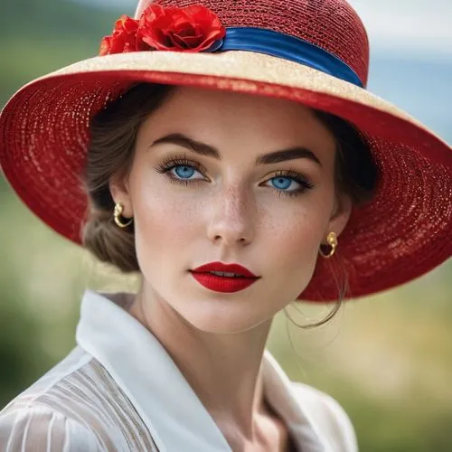 red hat,vintage woman,panama hat,girl wearing hat,vintage women,straw hat,Photography,General,Realistic