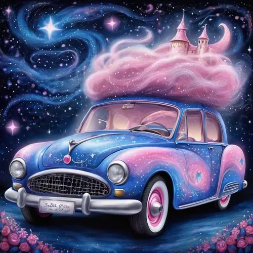 moon car,pink car,cartoon car,bobby-car,ford prefect,morris minor,retro automobile,hudson hornet,vwbus,fairy dust,fairy galaxy,station wagon-station wagon,volvo amazon,trabant,morris minor 1000,ford anglia,nissan figaro,retro car,chalk drawing,car,Illustration,Realistic Fantasy,Realistic Fantasy 02