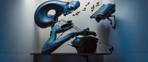 Figure of a man morphing into the violin head, on the wall on the right side there is a figure on the wall holding the note book, there are the notes flying around in the air. On the right side of an 