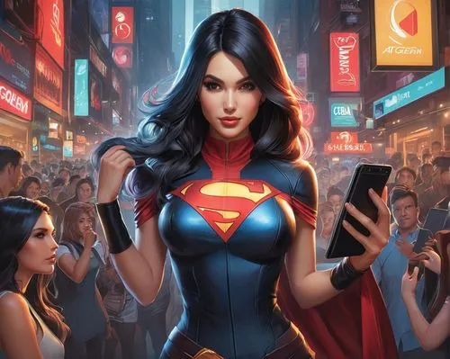 wonder woman city,supergirl,supera,superhero background,woman holding a smartphone,kryptonian,Conceptual Art,Fantasy,Fantasy 03