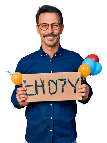 Mature man, smiling face, short brown hair, glasses, mustache, blue shirt, unbuttoned collar, happy birthday banner, colorful balloons, cake with candles, masculine hands holding gift, relaxed posture