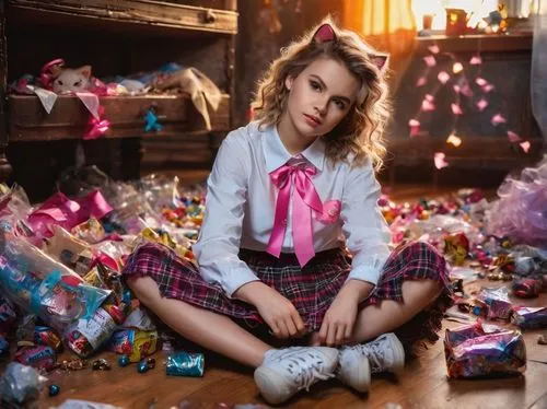 Kitty, cute, dirty face, messy hair, pink ribbon, white shirt, plaid skirt, torn stockings, dirty sneakers, sitting on floor, surrounded by trash, toys scattered, candy wrappers, broken dolls, messy r