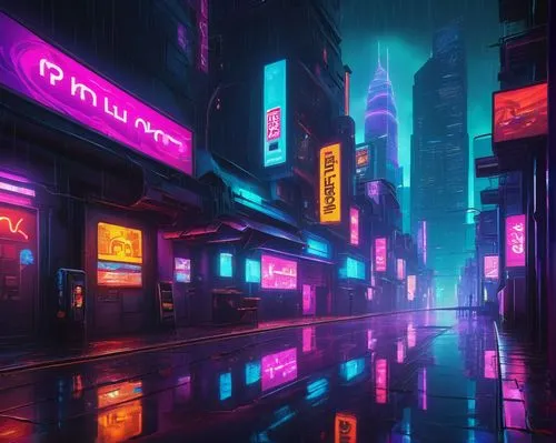 Dall-E 3, AI-generated artwork, futuristic, neon lights, cyberpunk cityscape, skyscrapers, holographic advertisements, rainy night, reflective wet pavement, dark alleys, glowing streetlights, misty at