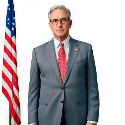 American president, middle-aged man, serious expression, glasses, grey hair, suit, red tie, white shirt, American flag pin, standing, hands behind back, confident posture, realistic, soft lighting, 3/