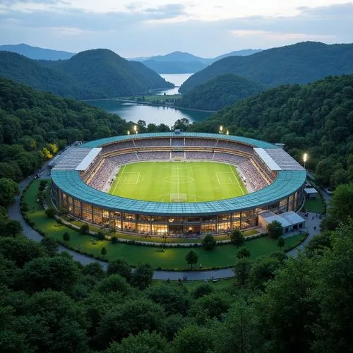 Natural grassy terrain, rolling hills, serene lake views, surrounding forests, modern soccer stadium architecture, sleek curved lines, vibrant green roofs, large glass facades, open-air concourses, ti