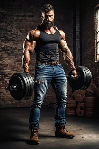 Muscular man, grippli pf2e, athletic build, intense gaze, messy short hair, beard, strong jawline, sleeveless shirt, ripped jeans, heavy boots, flexing muscles, holding weights, fitness studio, urban 