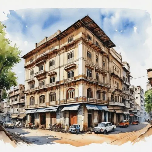 hand-drawn ink and watercolor sketch of a district with gujrat landmarks, architectural, detailed, perspective, old buildings, front view,camondo,baglione,watercolor shops,achrafieh,shophouses,ashrafi