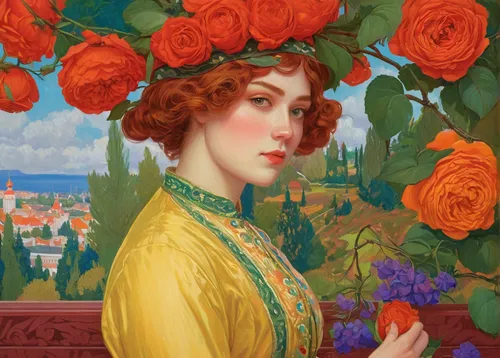 art nouveau,holding flowers,girl in flowers,girl picking flowers,the garden marigold,girl in the garden,flora,mucha,orange roses,fiori,bibernell rose,art nouveau frame,art nouveau design,marigold,with roses,floribunda,orange rose,way of the roses,marigolds,bella rosa,Art,Classical Oil Painting,Classical Oil Painting 27