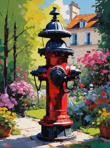 Describe a beautiful French hydrant in a romantic Parisian garden.,japanese garden ornament,japanese lantern,fire hydrants,fire hydrant,hydrant,water hydrant,japanese lamp,giverny,illuminated lantern,