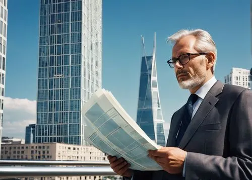 Werner Sobek, modern architect, 60s male, glasses, short grey hair, beard, suit, tie, holding blueprints, standing in front of a skyscraper, cityscape, cloudy sky, afternoon sun, detailed reflections 